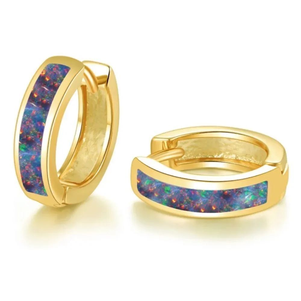14K Yellow Gold with Genuine Black Fire Opal Huggie Hoop Snap Hinge Earrings